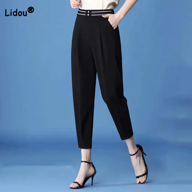 

Ice Silk Loose Striped Printing High Waist Pants Black Versatile Embroidered Flares Splicing Pockets Womens Harlan Trousers