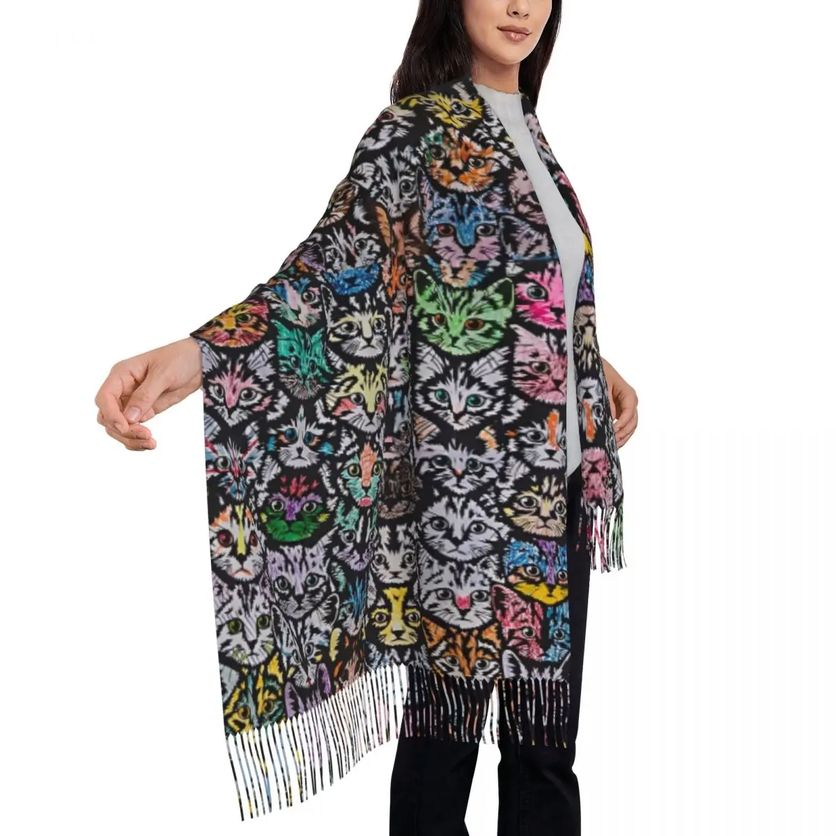 카툰 고양이 스카프 여성용 대형 스카프 긴 테슬 겨울 y2k 쿨 숄 및 랩 따뜻하게 유지 맞춤형 DIY 부판다