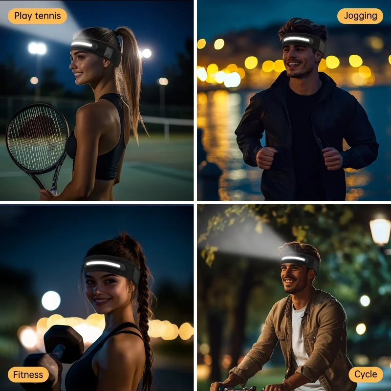 New LED Light Headband with Strong Illumination, Rechargeable Sweatband for Outdoor Sports and Fitness, Long-Lasting Headlamp