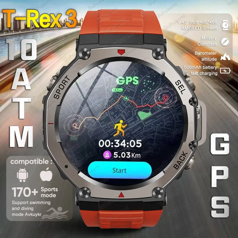 

T-Rex 3 Original Military GPS Men Smartwatch 10ATM Waterproof AMOLED Screen Dual-band GNSS 170+ Sports Outdoor HD Call Watches