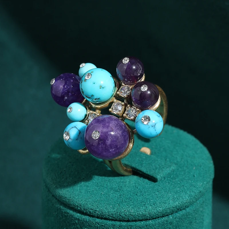 

Gold Color Vintage Turquoise Rings For Women Purple Natural Stone Tiger's Eye Retro Branch Design Jewelry Daily Accessories New