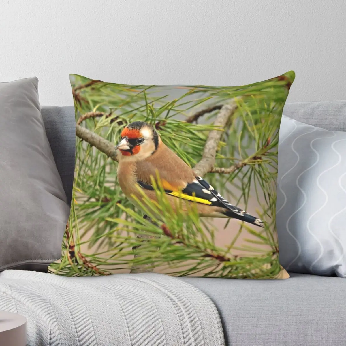 European Goldfinch Perched On Branch Pillowcase Polyester Linen Velvet Pattern Zip Decor Pillow Case Room Cushion Cover