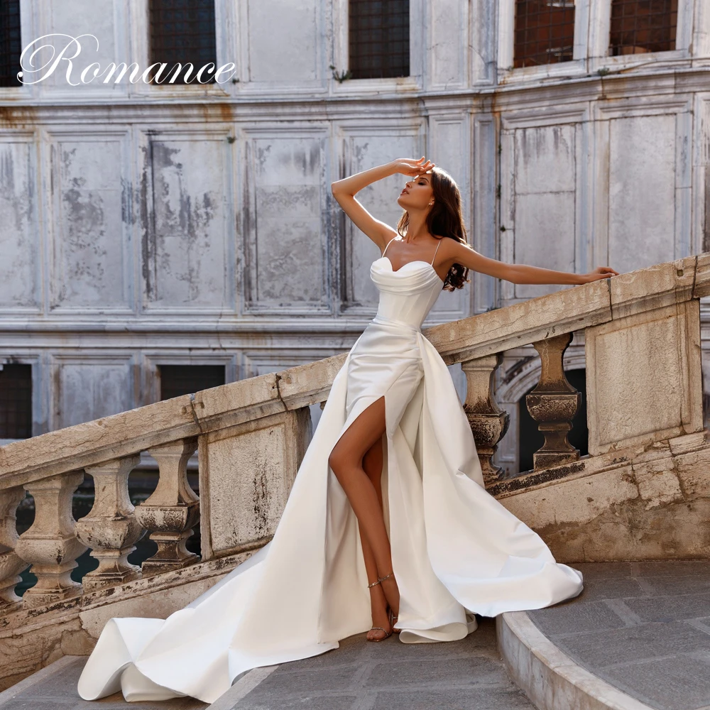 Eleganckie suknie ślubne w stylu syreny z plisami, na ramiączkach spaghetti, bez rękawów, z dekoltem w serce, odkrytymi plecami, wysokim rozcięciem, Vestidos De Novia, szyte na miarę.