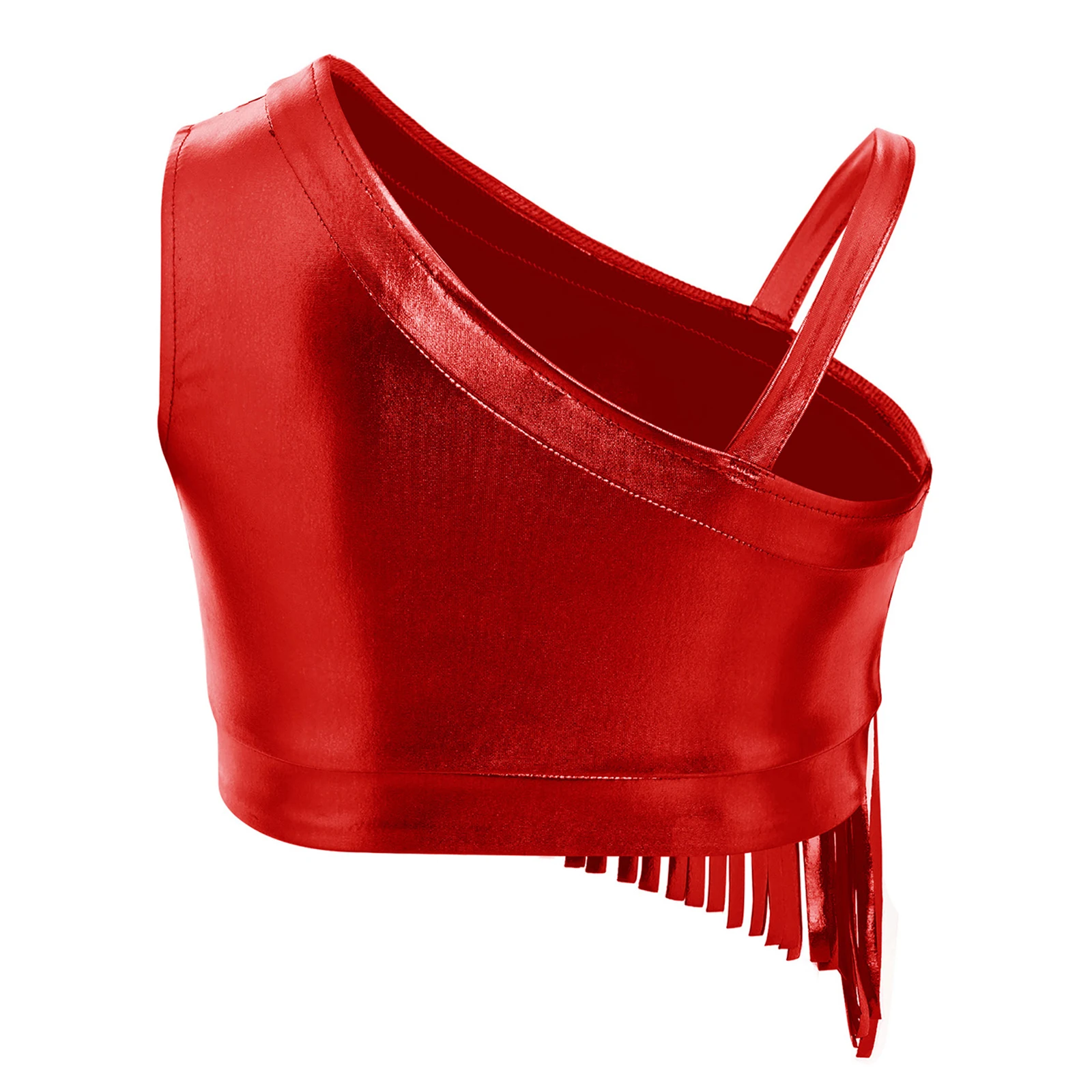 

Детский топ с бахромой для девочек, танцевальная одежда для танго и румбы, металлический укороченный топ, детский асимметричный топ на одно плечо, костюм для латиноамериканских и джазовых танцев