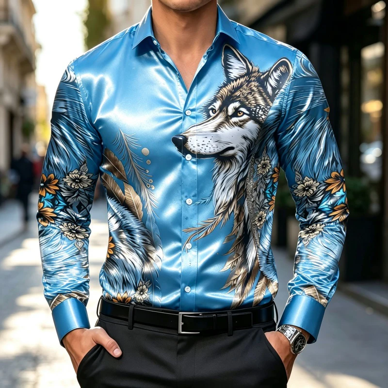 Men Long Sleeve Shirt Black Wolf Head Floral Feather Print Turn Down Collar Button Up Autumn Winter Daily Casual Men's Clothing