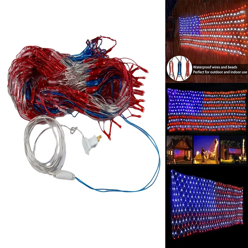 American Flag Light With LED Light String, July 4Th Decorations, Independence Day National Holidays Flag Net Light