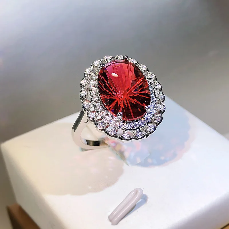 925 Silver High Quality Pigeon Blood Red Topaz Firework Ring Ladies Birthday Party Jewelry Gift Wholesale