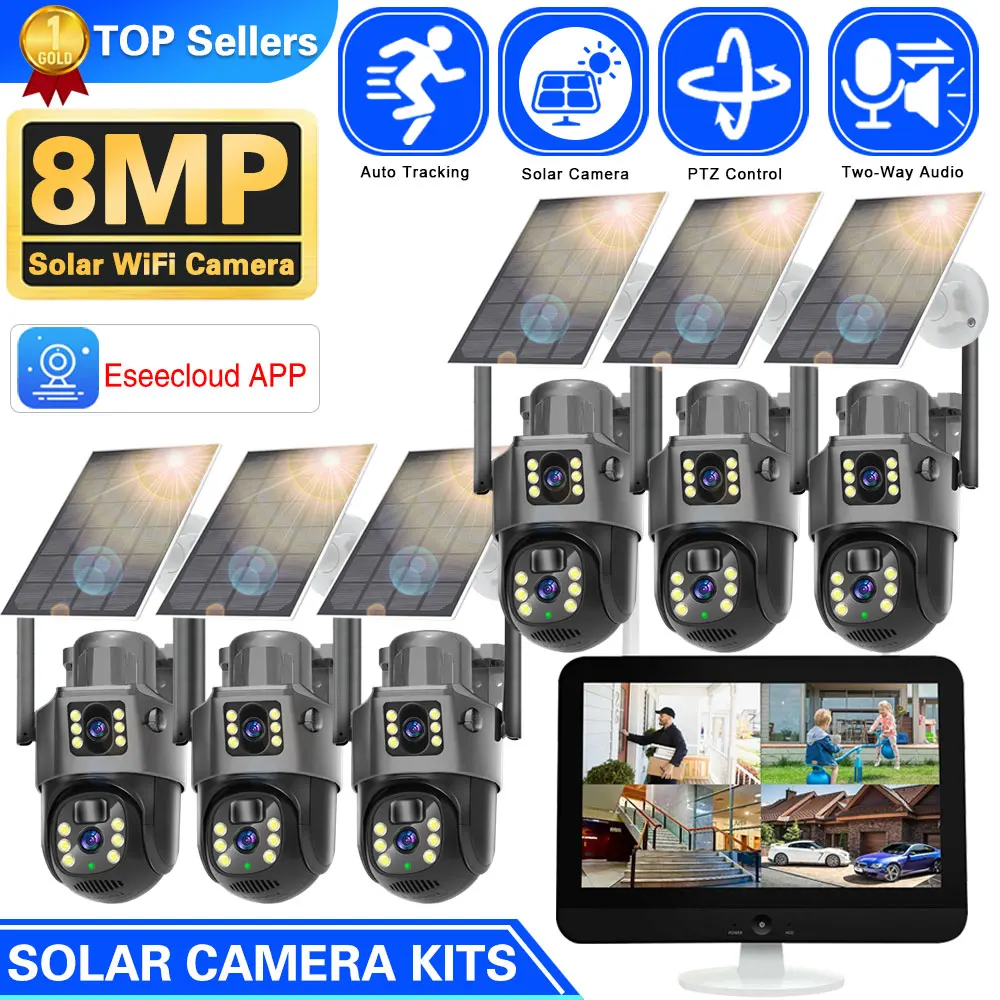 Dual Lens PTZ Solar Camera, Video Surveillance, Monitor LCD, WiFi, NVR, Outdoor, Auto Tracking, Security Cam System, 10CH, 8MP, 12,5"