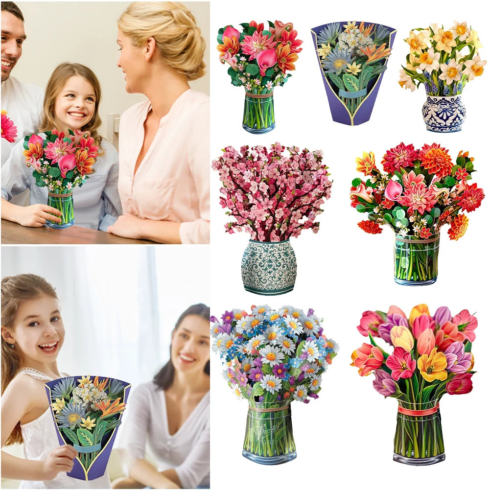 3D Pop Up Flower Greeting Card for Mothers Day Creative Multi-Style Bouquet Birthday Greeting Card Thank You Paper Postcard Gift