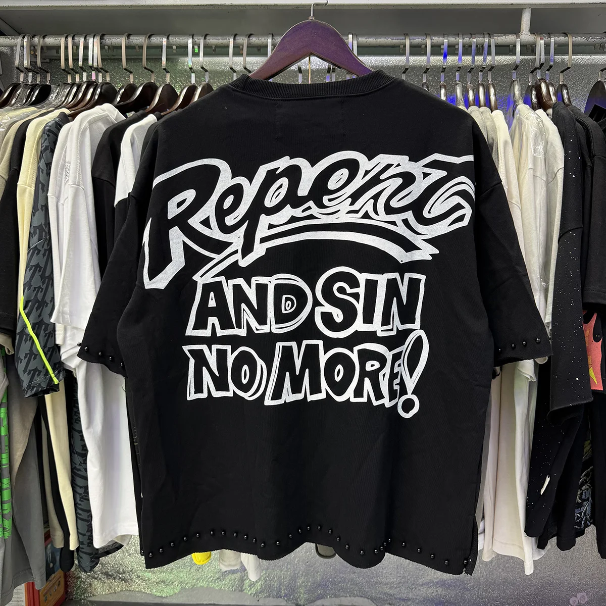 Casual Trendy Brand Letter Printed BKYS Thunder Ride F-Terry Cropped Tee Shiny rhinestone looped short sleeved T-shirt for men