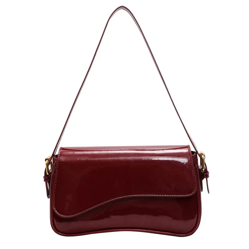 Women Burgundy Patent Leather Single Shoulder Bags Minimalist Fashion Solid Color Small Square Bag Vintage Casual Underarm Bags