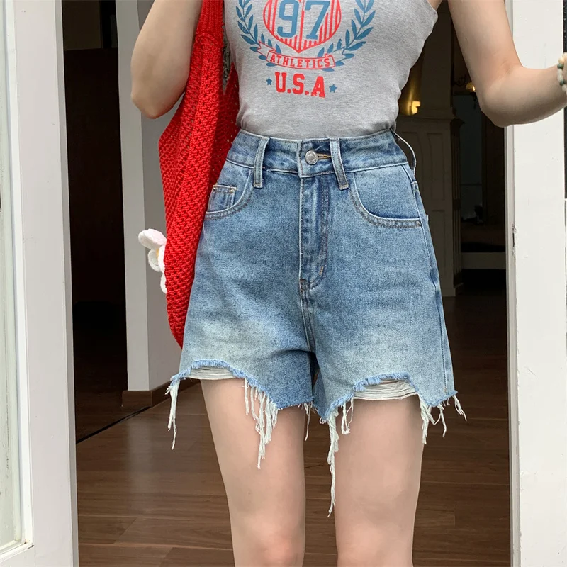 

2025 Women's Y2K Jeans Washed Blue Distressed Denim Shorts High Waist Ripped Wide Leg Hot Pants 2725