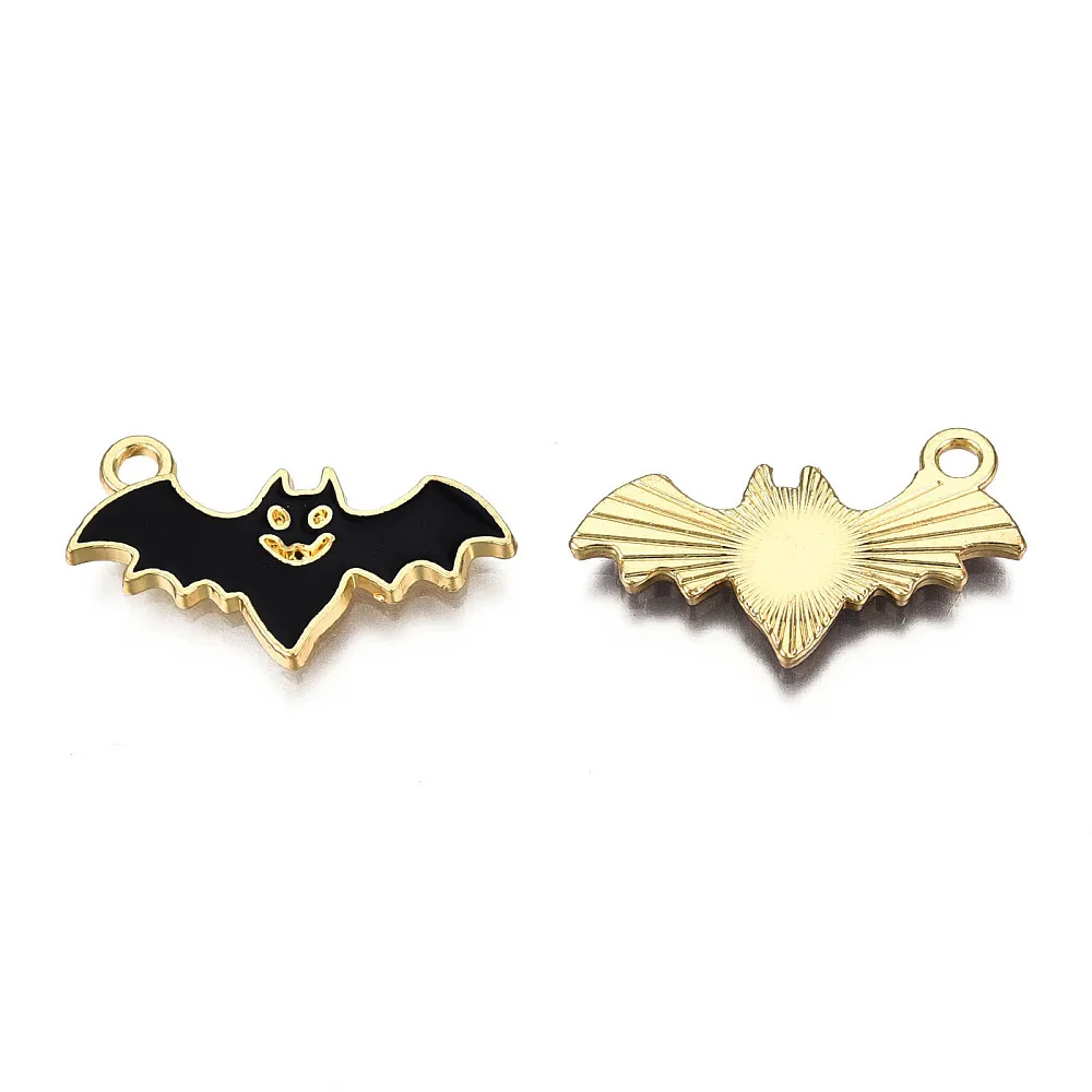 100pc Light Gold Plated Metal Pendants with Enamel Bat Black Halloween Style for Making DIY Jewelry Necklace Bracelet Earring