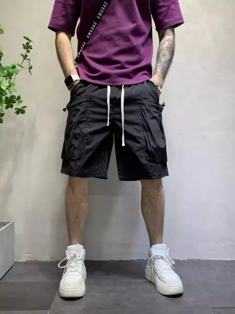 New Summer Beach Shorts Fashion Candy Color Big Pocket Mens Cargo Shorts Casual High Street Loose Fit Knee Length Trousers Male