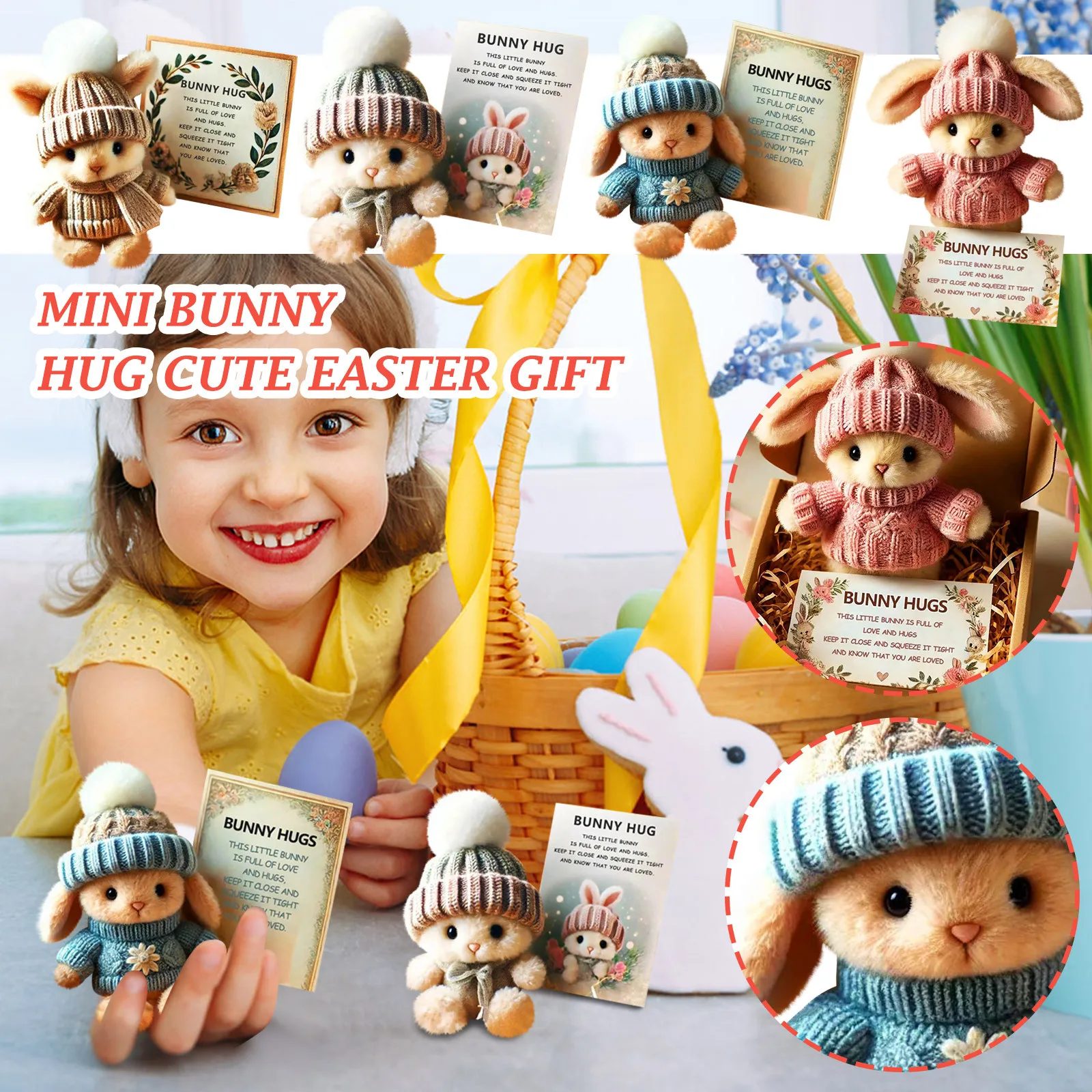 Mini Bunny Hug Cute Easter Gift Bunny Stuffed Animal Sets Plush Pocket Hug Rabbit with Knitted Hat and Pom Pom With Box Card