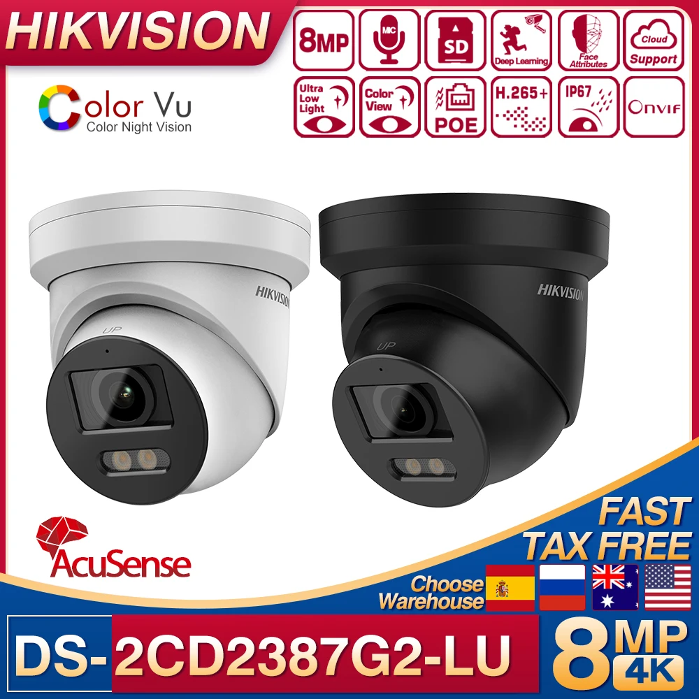 Original Hikvision 8MP 4K 24/7ColorVu Turret CCTV IP Camera POE IP67 DS-2CD2387G2-LU Built-in Mic Surveillance Network Camera