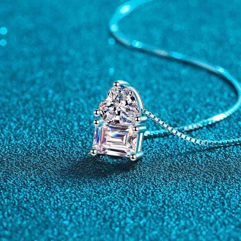 Platinum PT950 moissanite necklace women rectangle heart pendant high quality light luxury box chain