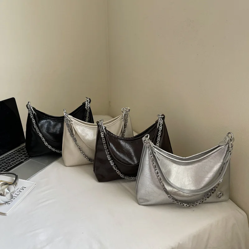 

Temperament Chain Underarm Bag Women's Foreign Trade New Retro Simple Shoulder Bag PU Soft Leather Commuter Messenger Bag