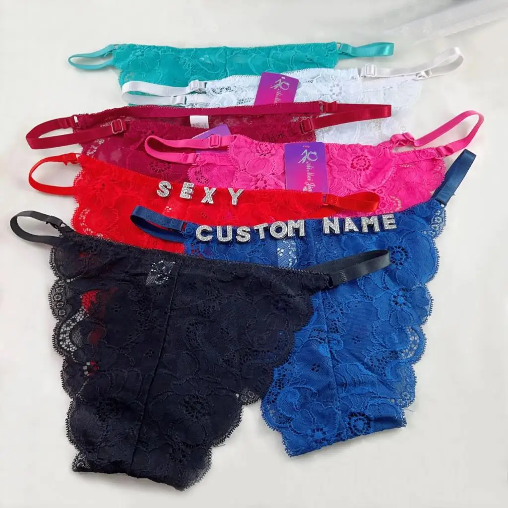 مخصص الدانتيل سراويل رفيعة مع كريستال رسائل اسم الأولي المرأة مثير g-سلسلة منخفضة الخصر تخصيص الملابس الداخلية مجوهرات للجسم
