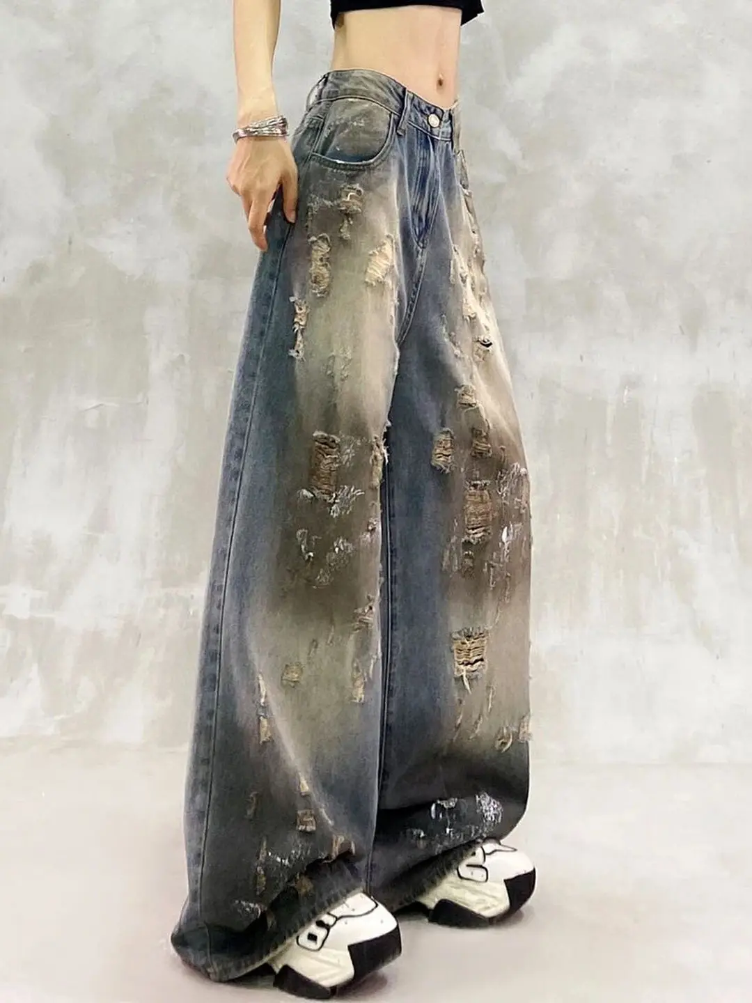 2026 New Spring Summer All-match Hole Wide Leg Jeans Mopping The Floor Vintage Women Straight Denim Pants Casual Long Trousers
