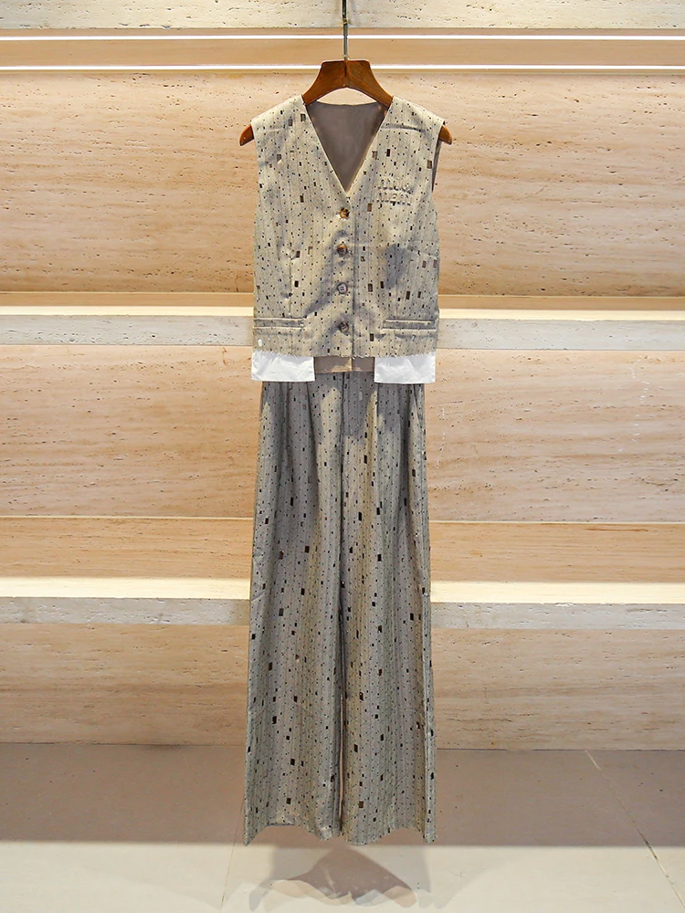 

Высококачественный осенний модный комплект, жилет с V-образным вырезом и повседневные брюки, маленькая Fraance Sle, женская одежда, полиэфирное волокно