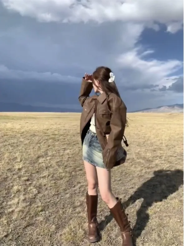 Jaet de cuero PU para motocicleta marrón Retro americano, abrigo holgado de gama alta para mujer, cárdigan de cuero súper hermoso, prendas de vestir exteriores