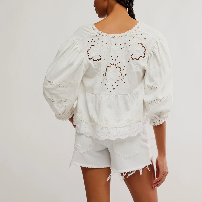 Combhasaki Womens Lace Embroidered Tie Front Crop Peplum Shirt Flowy Long Sleeve Frilly Blouse Y2k Babydoll Ruffle Going Out Top