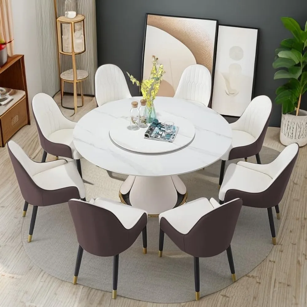 

9 Piece Dining Table Set, Modern Dining Set of 8, White 59" D Faux Marble Dining Sintered Stone Round with