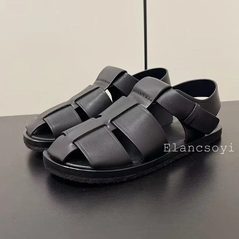 2024 Summer Women's Genuine Leather Solid Color Sandals Flat Heel Thick Bottom Back Strap Sandalia Casual Holiday Dress Shoes