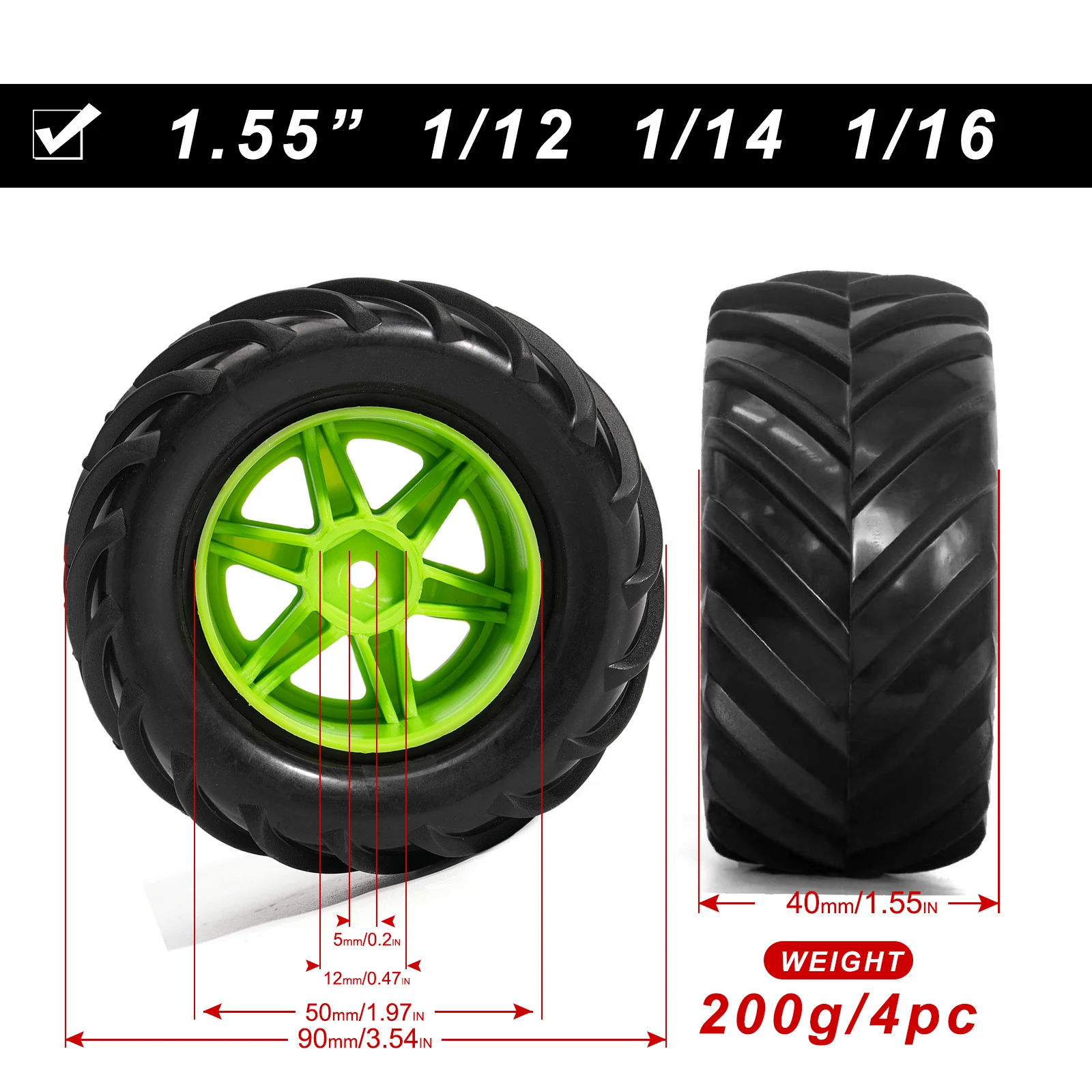 DUSTAIL 4PCS 1.9" RC Wheel Tires Set 12mm Hex 1:10 Rubber Tyre for Axial 1/10 1/12 1/14 Monster Truck Car Upgrade(WT190911)
