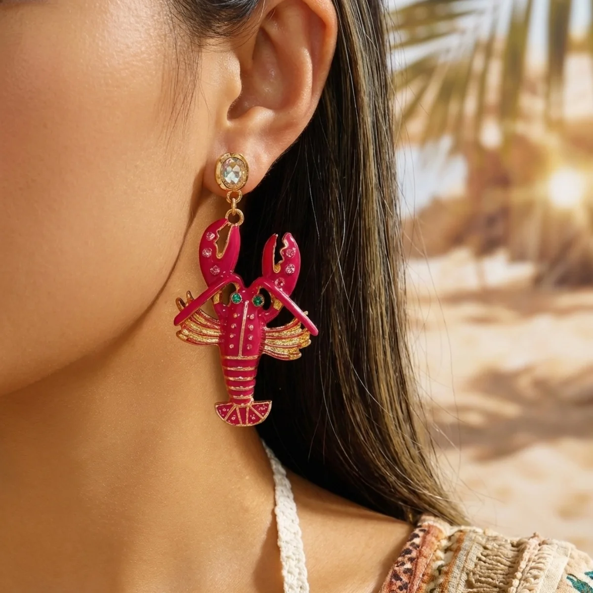 Kreative, übertriebene rote Strass-Hummer-Ohrhänger für Damen und Herren, glänzende, modische Meerestier-Sommerohrringe, Partyschmuck – Detail 5