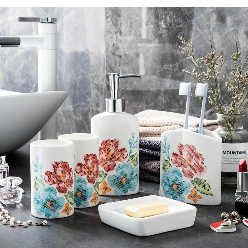 

European Style Flower Pattern Wash Set Ceramics Five Piece Set Soap Dish Gargle Cup Toothbrush Holder Soap Bottle Bathroom Decor