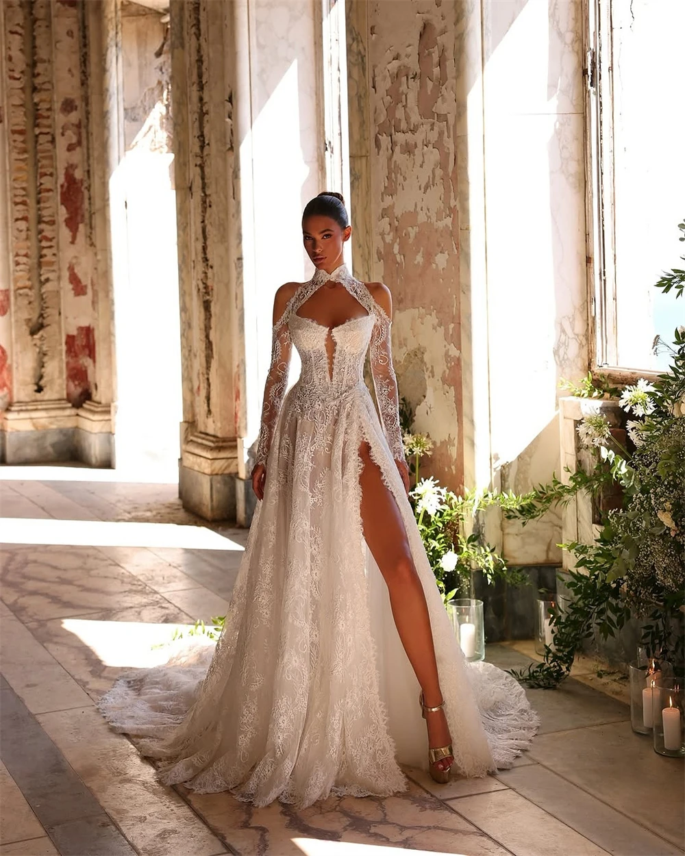 

Customized Elegant White Organza Wedding Dress Formal O-Neck Long Sleeves Bridal Gowns Soft A-Line Court Train Robe de mariée