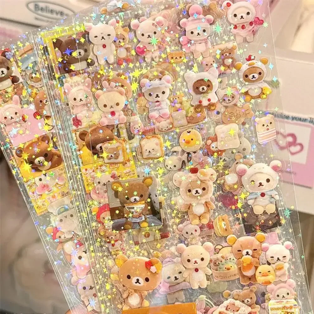 5pcs Hello Kitty Rilakkuma Lovely Cartoon Die-cutting Sticker KT Cat Anime Handbooks Material Stickers Flashing Laser Stickers