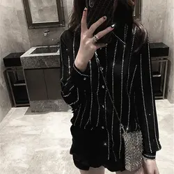 Luxury Blingbling Vertical Hot Drilling Loose Women Shirts 2023 New Spring Retro Design Black Long Sleeve Blouses Chiffon Top