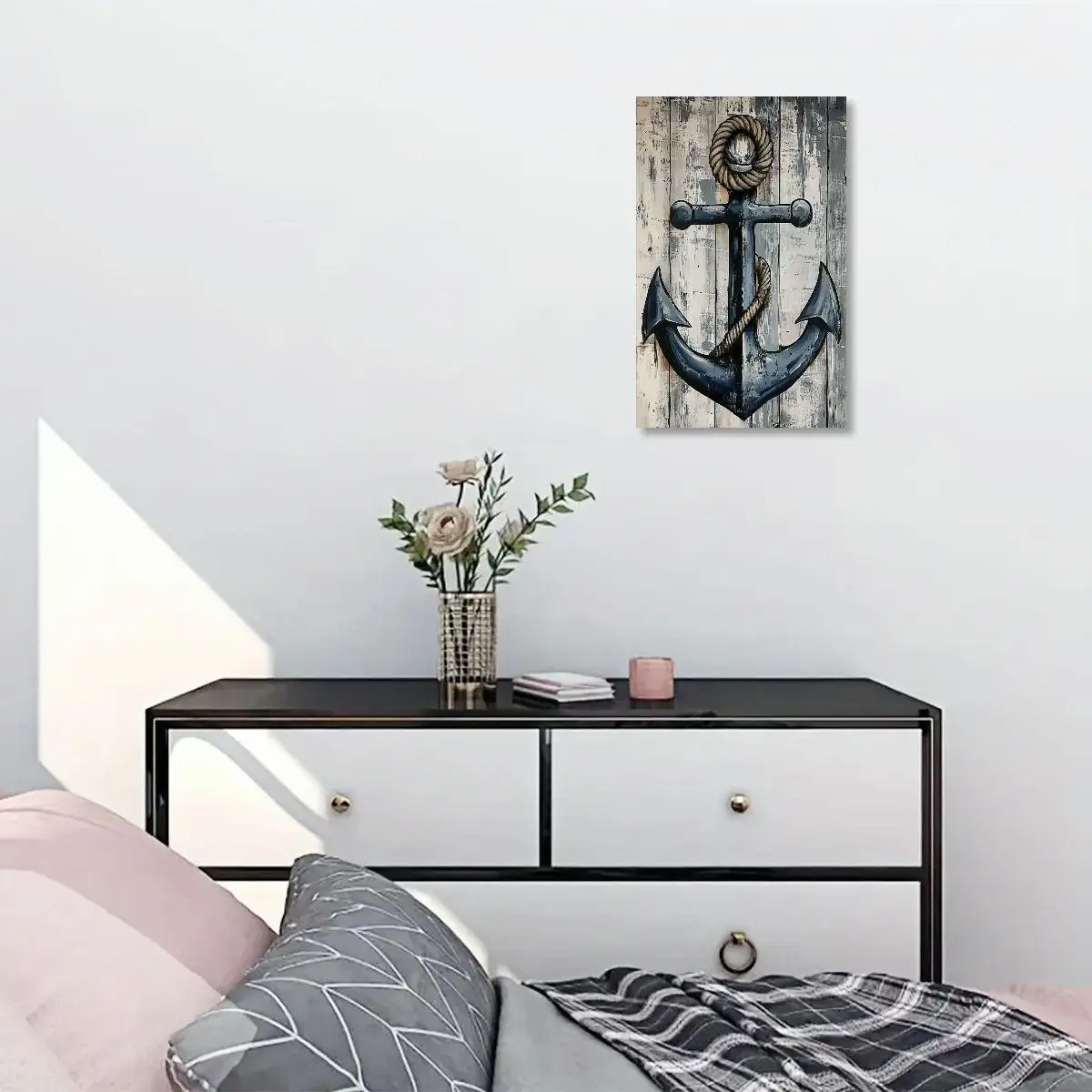 Nautische canvas poster - herbruikbare waterdichte muurkunst met vuurtorenanker en kompaspatroon woonkamer hal decor cadeau