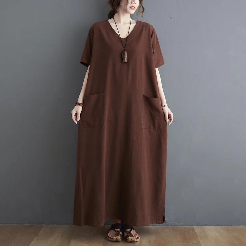 

Новое летнее свободное хлопково-льняное платье больших размеров V-Ne Midi Dr, винтажное длинное платье длиной до колена, модное