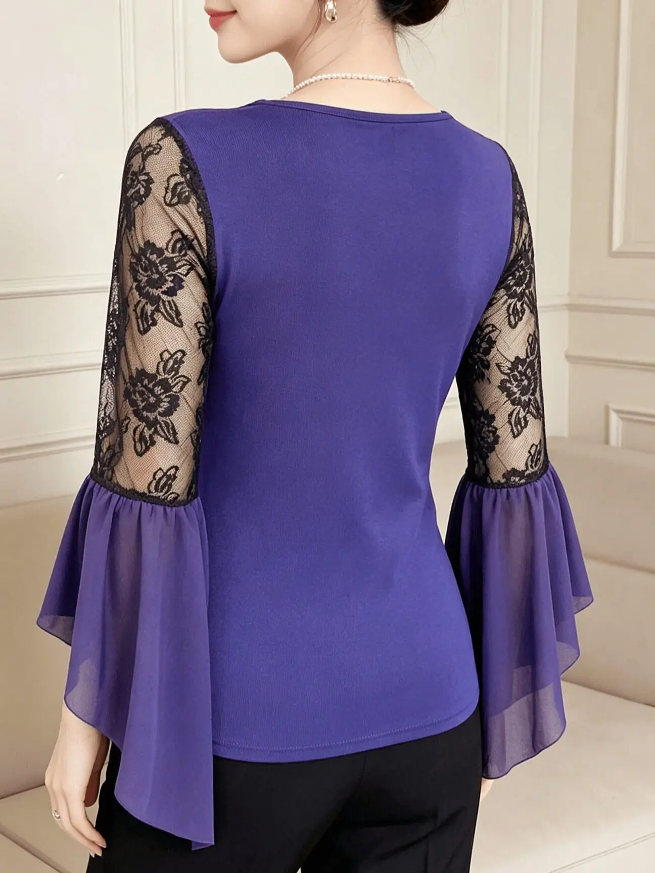 Elegant V-Neck Lace Top with Sequins And Bell Sleeves for Women Heavy Embroidery Net Shirt Long Sleeve Autumn Winter New Arrival
