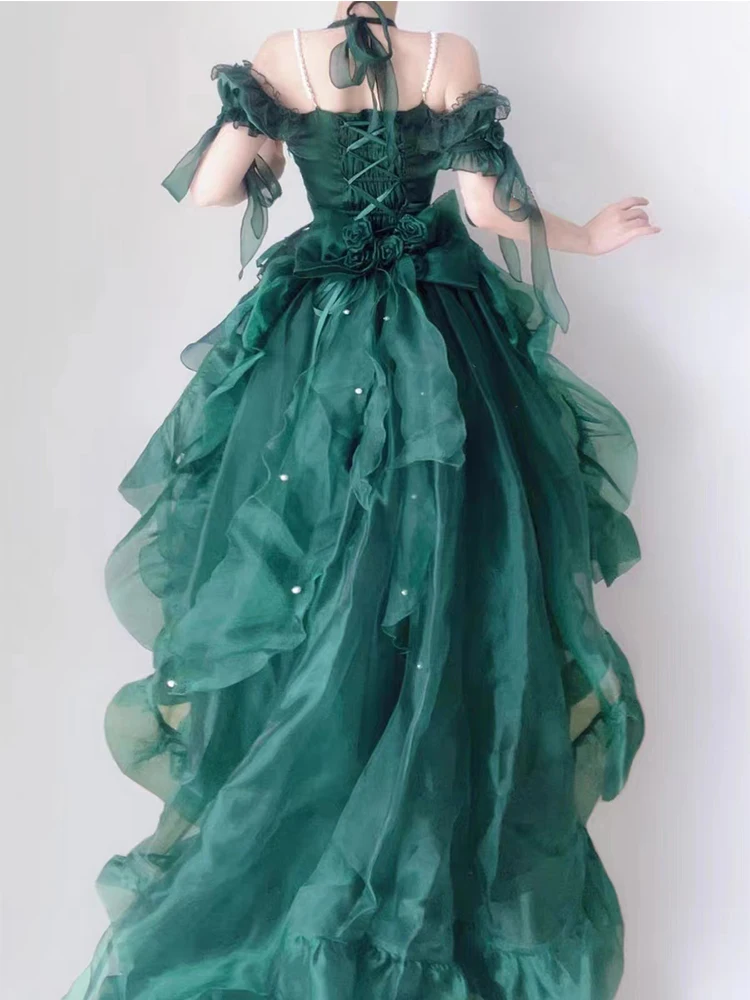 Vestido de novia de flores verdes, cola industrial pesada, ceremonia para adultos, Lolita