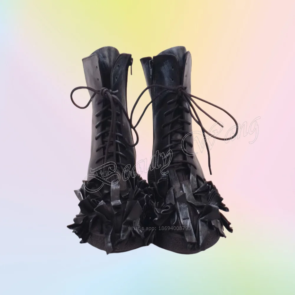 Black Front Lace up Boots Short Botas Square Low Heel Boots High Heel Shoes for Women Runway High Heels 2023 Zapatillas Mujer