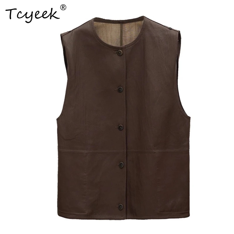 Tcyeek 정품 양가죽 봄 가을 고급 민소매 라운드 넥 브라운 커피 여성용 가죽 조끼 자케타 쿠로