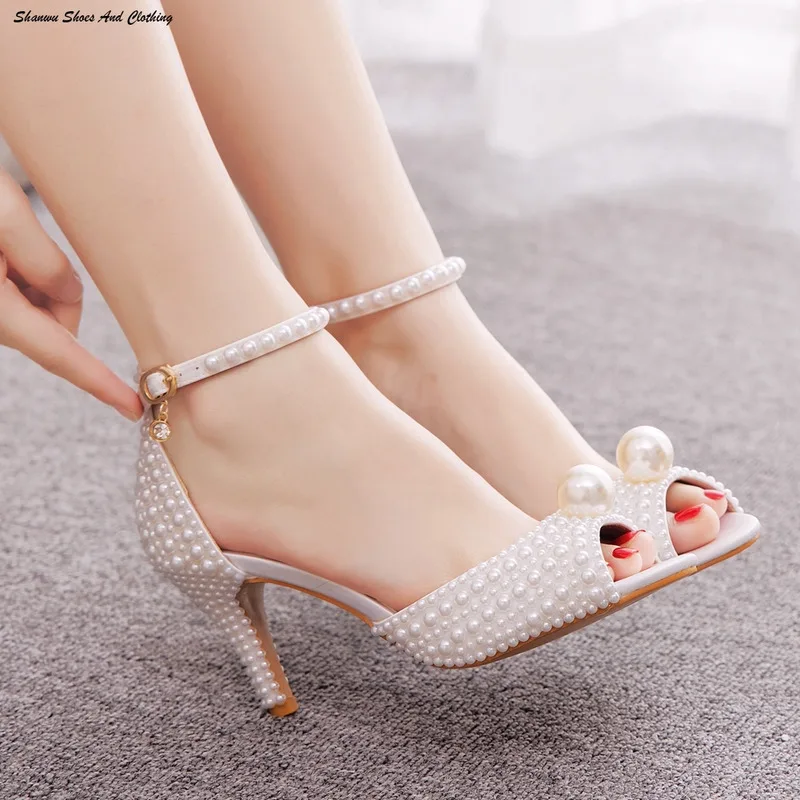 

White Pearl Queen Crystal heel sandals For Women, Open Toe High Heel, Luxury Wedding Shoes, Stiletto Banquet Dress wedge shoes