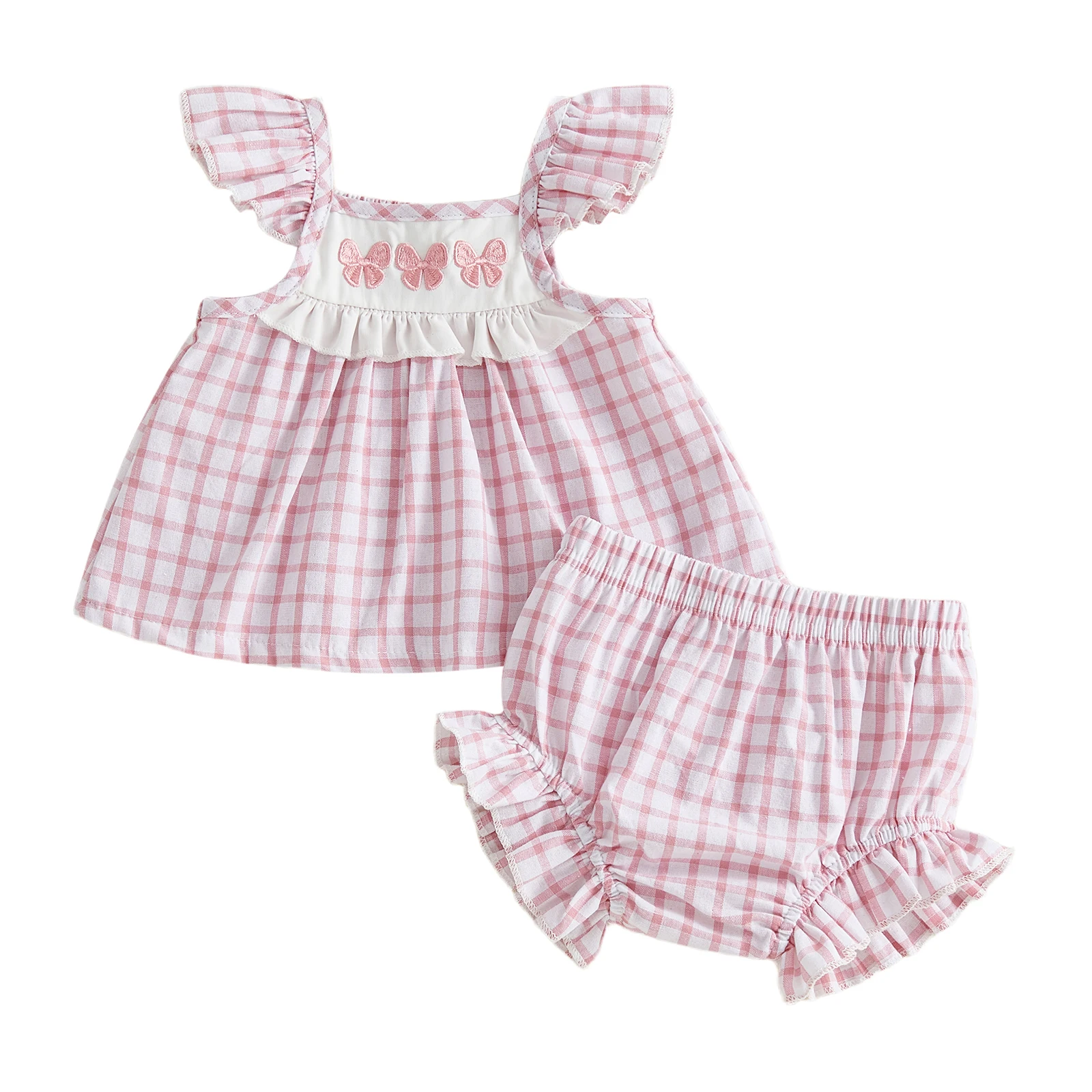 Toddler Baby Girl Summer Outfit Bow Plaid Flying Sleeve Babydoll Tops and Ruffle Bloomers 2 Piece Set
