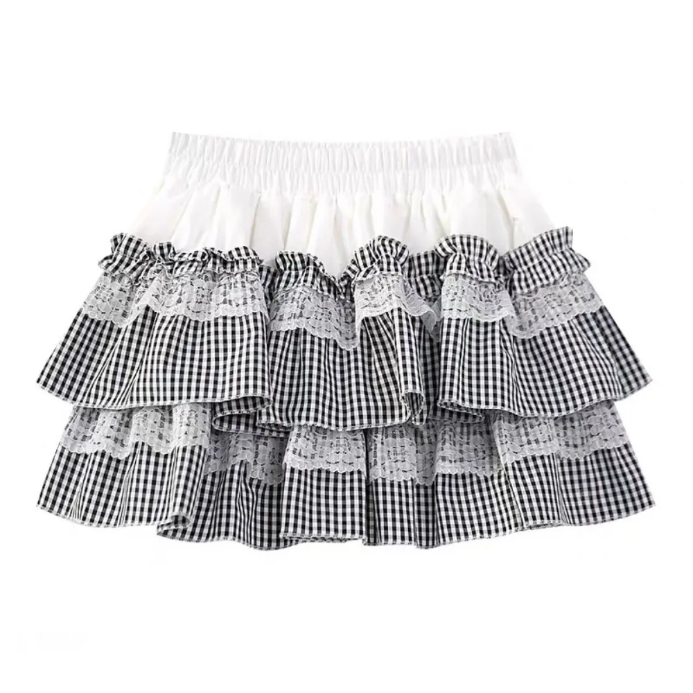 

Lolita Lace Grid Cake Skirt High Waist Ruffle JK A-line Short Skirt Sweet Plaid Stripe Lace Pleated Mini Skirts Girls