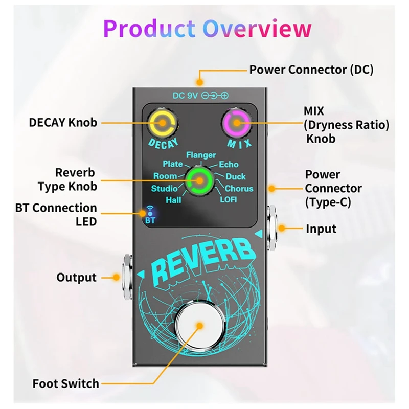 New Bluetooth 5.4 Effector Guitar Reverb Effector Single-Block Reverb Effector Reverb Colorful Visual Light