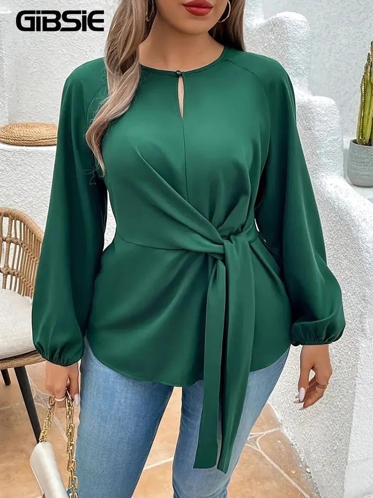 GIBSIE Plus Size Solidne wiązanie z przodu Dziurka od klucza O-Neck Bluzki Kobiety Wiosna Jesień Długi rękaw Biuro Ladies Casual Shirt Top 2024