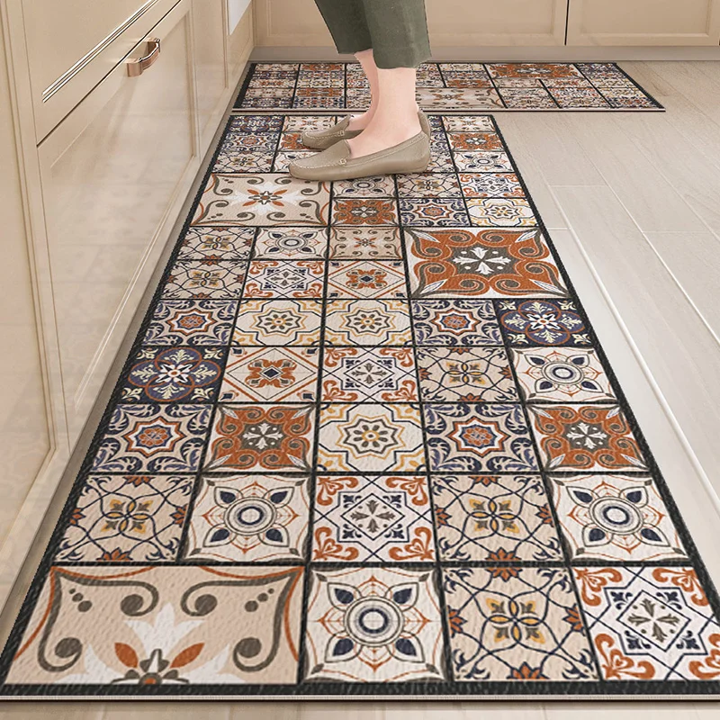 

Water-Absorbent Anti-Slip Long Strip Rug, Retro Tile Pattern, Floor Mat, Bathroom Rugs, Kitchen and Bathroom