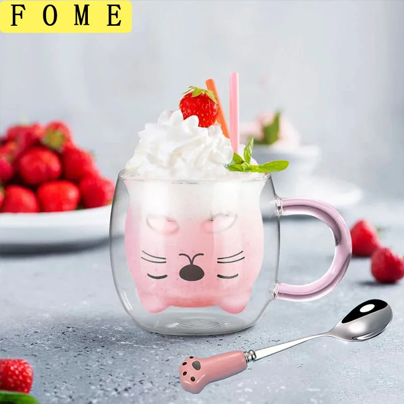 

1/2pcs Cartoon Cat Bear Double Wall Glass Cup With Spoon Clear Mugs For Espresso Coffee Milk Heat-resistant Taecup Juice Handle