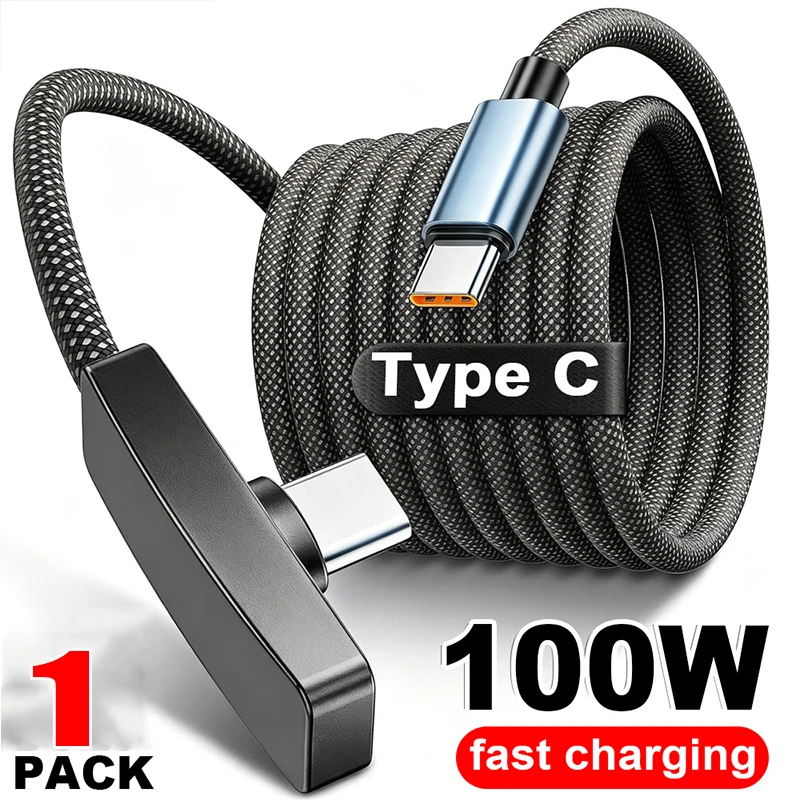 90-Grad-USB-C-Kabel, 100 W, für schnelles Aufladen und Datenübertragung, tragbares USB-C-Kabel mit rechtem Winkel für iPhone, Samsung, Xiaomi.
