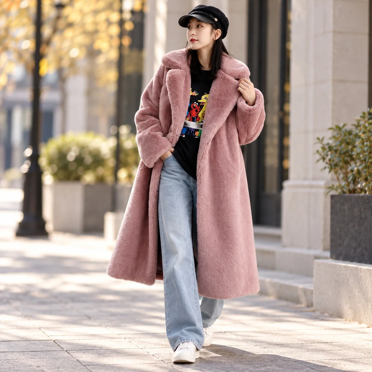 Flocked Long Length Coat Commuter Style with Winter Hoodless Elegant Commuter Polo Collar Long Sleeve Regular Sleeve Women Coat
